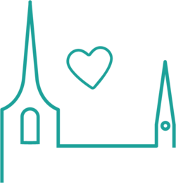 Grafik af en kirke med et hjerte over